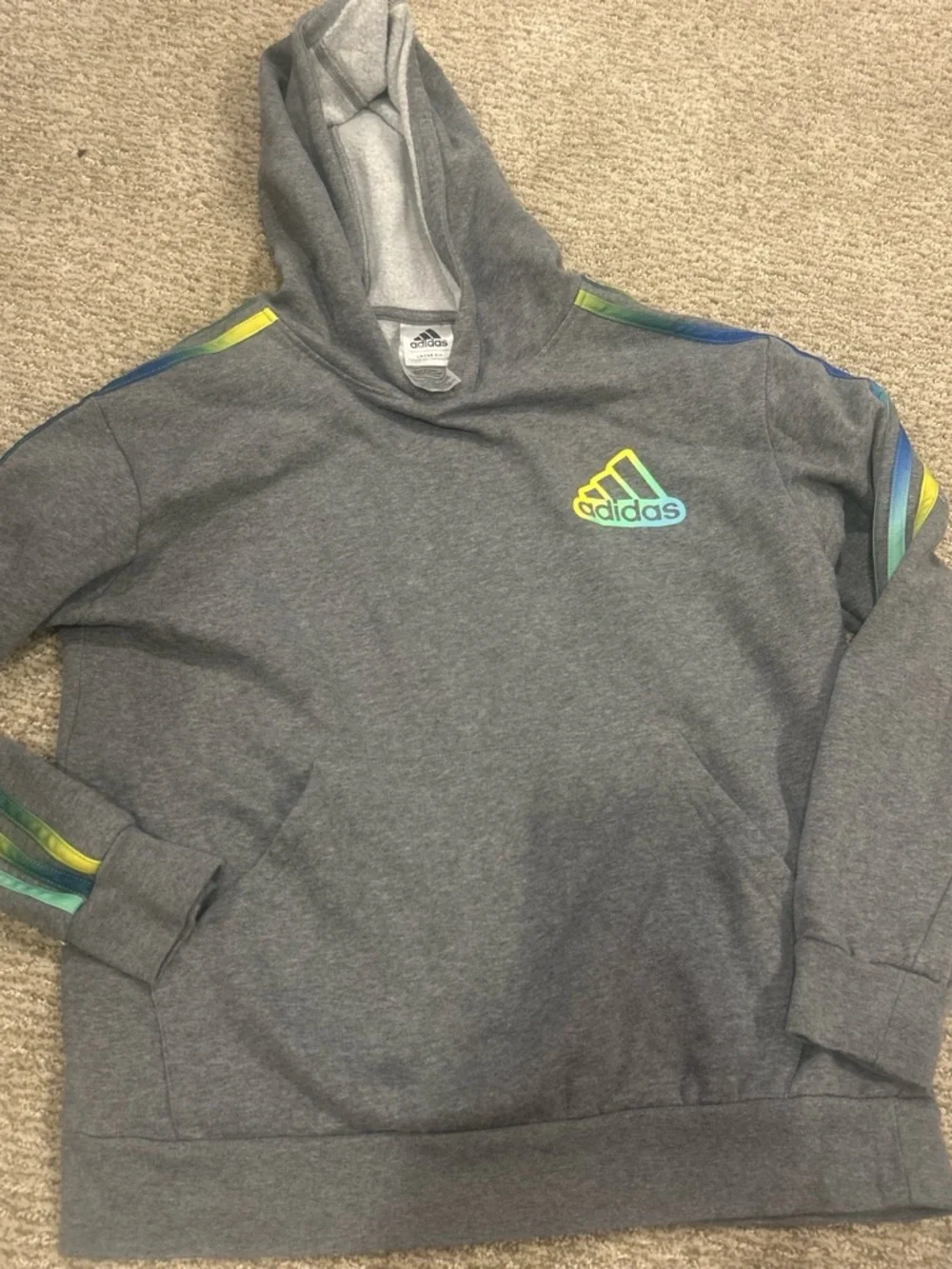 adidas youth Gray Crewneck Hoodie with Blue-Green-Yellow Accent